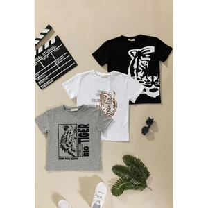 For You Kids 3'lü Kaplan Baskılı Siyah Beyaz Gri Tshirt