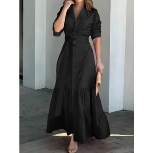 Mary Store Kadın Uzun Kollu Eteği Fırfırlı Beli Kuşaklı Trikoton Tam Boy Gömlek Elbise
