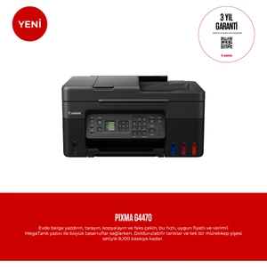 PIXMA G4470 Çok Fonksyonlu Renkli Mürekkep Tanklı Yazıcı/ Fotokopi + Tarama + Faks/ Wifi/ Airprint (Canon Eurasia Garantili)