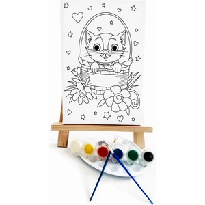 Sepetteki Kedi Çocuk Ressam Seti - 20 x 30 cm Önçizimli Tuval, 2 Adt Fırça, Palet, Boyalar ve Şövale