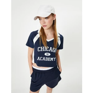 Polo Yaka Tişört  Crop Renk Kontrastlı Baskılı Slim Fit Pamuklu