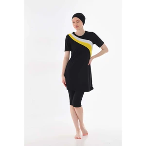 Gizil -  Yarı Kapalı   Likralı Sarı Beyaz Garnili  Tesettür  Mayo