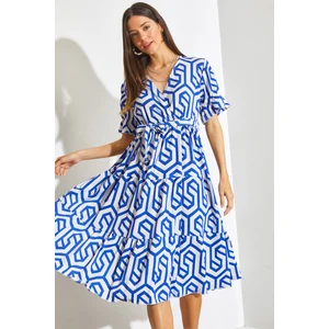 Kadın Kruvaze Yaka Beli Lastikli Kuşaklı Kloş Elbise