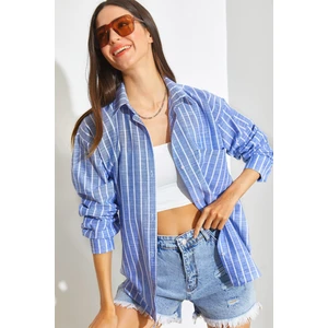 Kadın Tek Cepli Çizgili Oversize Gömlek