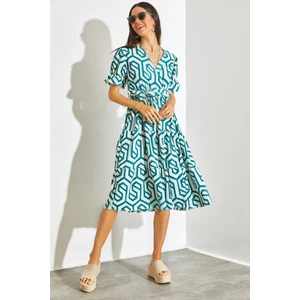 Kadın Kruvaze Yaka Beli Lastikli Kuşaklı Kloş Elbise