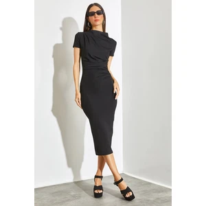 Kadın Yanı Drapeli Mikro Kumaş Midi Boy Elbise