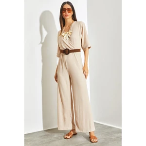 Kadın Kruvaze Yaka Kemerli Tulum