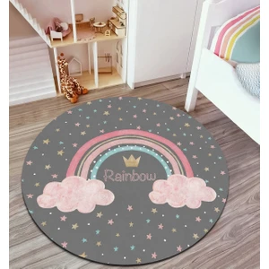 Pinkie Home Dijital Baskı Kaymaz Makinede Yıkanabilir Leke Tutmaz Gri Gökkuşağı Desenli Yuvarlak Çocuk Odası Halısı Oyun Halısı-3