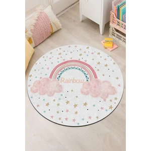 Pinkie Home Dijital Baskı Kaymaz Makinede Yıkanabilir Leke Tutmaz Pembe Gökkuşağı Desenli Yuvarlak Çocuk Odası Halısı Oyun Halısı-4