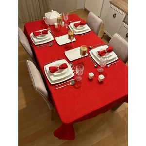 Zeren Home Meral Kurşun Collection Polyester Keten Dertsiz Masa Örtüsü Kırmızı + 6 Peçete