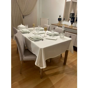 Zeren Home Meral Kurşun Collection Polyester Keten Simli Masa Örtüsü Krem + 6 Peçete