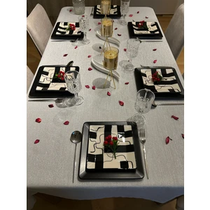 Zeren Home Meral Kurşun Collection Polyester Keten Simli Masa Örtüsü Gümüş + 12 Peçete