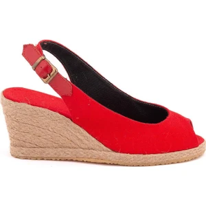 Star Tombis Burnu Açık Arkası Bantlı Dolgu Topuk Kırmızı Keten Hasır Espadril