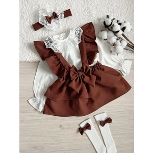 Trend Natural Kız Çocuk Bebek Askılı Etek Gömlek Bandana Çorap Takım Set