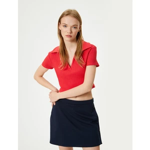 Polo Yaka Crop Tişört Kısa Kollu Ribanalı Pamuklu