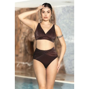 Kadın Kahverengi Simli V Yaka Ayarlanabilir Askılı Yüksel Bel Üçgen Bikini Takımı HZL24S-AR1764