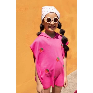 Kız Çocuk Pembe  Çilek Baskılı Panço