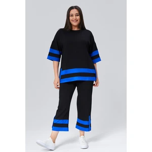 Kadın Büyük Beden Kaprili Yazlık Saks-Siyah Eşofman Takımı