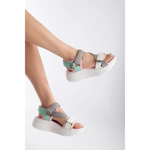 Sandal Spor Kadın Dolgu Topuk Cırtlı Günlük Spor Sandalet SS001-0178 Beyaz Gri