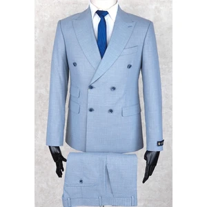 Jan Carlucci Slim Fit Geniş Sivri Yaka-Çift Yırtmaç Mavi Çift Cep Kruvaze Drop 6 Takım Elbise