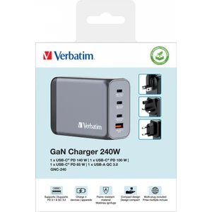 Verbatım 32205 - 240 W GAN Hızlı Şarj 4 Bağlantı Noktalı C 1 x Usb-C® PD 140W /1 x Usb-C® PD 100W / 1 x Usb-C® PD 65W / 1 x Usb-A QC 3.0

