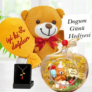 Doğum Günü Hediyesi Işıklı Teraryum & Iyi Ki Doğdun Balonlu Ayıcık ve Gold Rose Gül Kolye