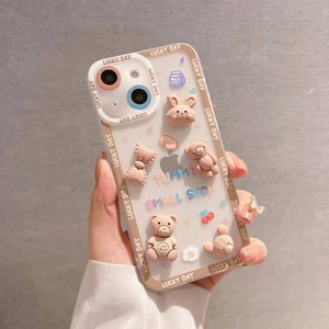 Mabs Tech Apple iPhone 14 Uyumlu Ayıcık ve Tavşan Figürlü Silikon Kılıf - Kahverengi (Bear And Rabbit)