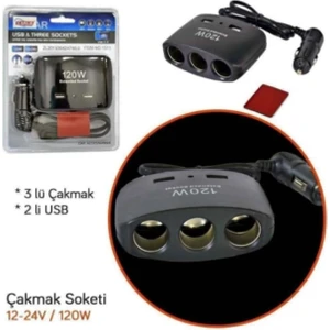 Çakmak Çoğaltıcı Soket 120W Kablolu 3lü 2usb