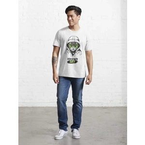 Hacker Cat Baskılı Bisiklet Yaka T-Shirt