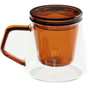 Borosilikat Cam Süzgeçli ve Cam Kapaklı Kupa 350 ml Amber