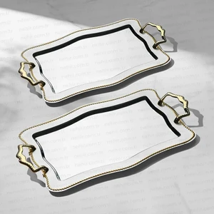 Zincir Altın 2 Li Paslanmaz Çelik Tepsi Çay ve Kahve Tepsisi - Servis Tepsisi 2 Boy