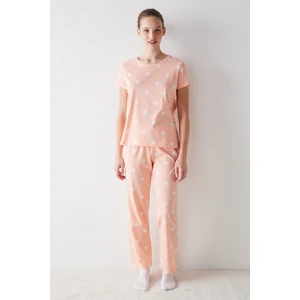 Peach Dotted Pantolon Pijama Takımı