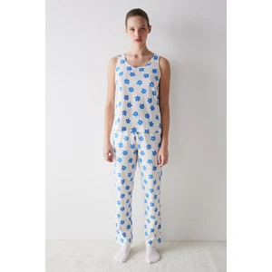 Blue Floral Ekru Pantolon Pijama Takımı