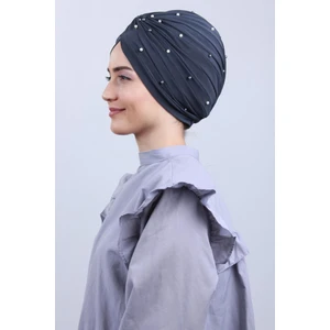 Melodi Scarf Kadın Tesettür Incili Taşlı Vera Dış Bone Koyu Gri