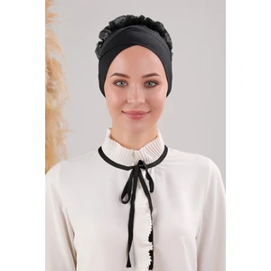 Melodi Scarf Tesettür Fırfırlı Çapraz Bone Siyah