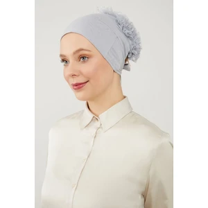 Melodi Scarf Kadın Tesettür Sihirli Yapışkanlı Kaymayan Fırfırlı Dolgulu Topuz Bone Açık Gri