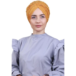 Melodi Scarf Kadın Tesettür Incili Taşlı Vera Dış Bone Taba Rengi
