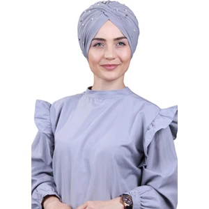 Melodi Scarf Kadın Tesettür Incili Taşlı Vera Dış Bone Açık Gri