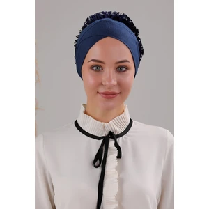 Melodi Scarf Tesettür Fırfırlı Çapraz Bone Lacivert