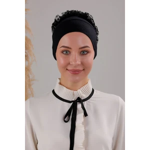 Melodi Scarf Kadın Tesettür Sihirli Yapışkanlı Kaymayan Fırfırlı Dolgulu Topuz Bone Siyah
