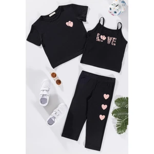 For You Kids 3'lü Love Baskılı Tshirt Atlet Tayt Siyah Takım