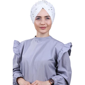 Melodi Scarf Kadın Tesettür Incili Taşlı Vera Dış Bone Beyaz