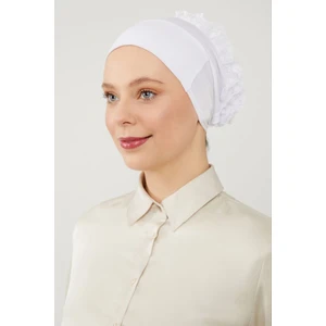 Melodi Scarf Kadın Tesettür Sihirli Yapışkanlı Kaymayan Fırfırlı Dolgulu Topuz Bone Beyaz