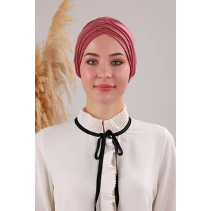 Melodi Scarf Kadın Üç Bantlı Çapraz Hazır Türban Dış Bone Gül Kurusu