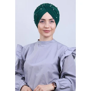 Melodi Scarf Kadın Tesettür Incili Taşlı Vera Dış Bone Zümrüt Yeşili