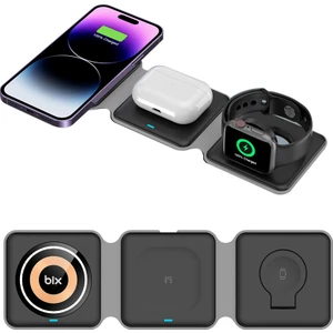 BXMW2 3’ü 1 Arada 15W iPhone Apple Watch Tws Kulaklık Uyumlu Katlanabilir Şarj Standı Kablosuz Şarj Istasyonu Siyah