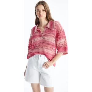 Miami - Örgü Detaylı Çizgili Kısa Kollu Triko Bluz - Pembe Stripe