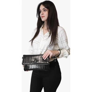 67-6010 Kadın Linen Kroko Siyah Portföy Çanta