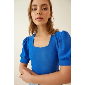 Tenda Moda Kadın Saks Balon Kol Kare Bürümcük Kumaş Bluz