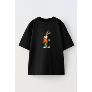 Nmg Tekstil Unisex Siyah Oversize Pamuk Yeşil Şort Bugsbunny Baskılı Örme T-Shirt